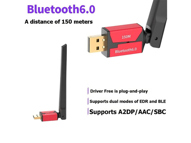 150M Bluetooth 6.0 Adapter USB Bluetooth Dongle Driver Free for Win11/10/8.1 Mouse Keyboard Audio Receiver Transmitter