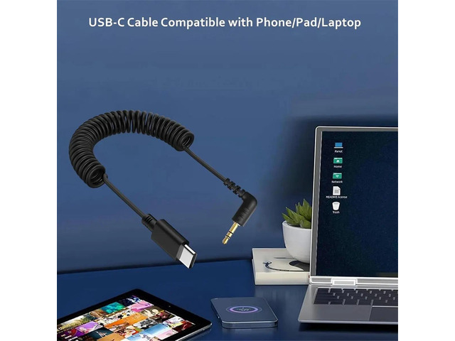 USB C to 3.5mm Microphone Cable for Go II, Coiled Right Angle TRS Male AUX Adapter Audio Cord