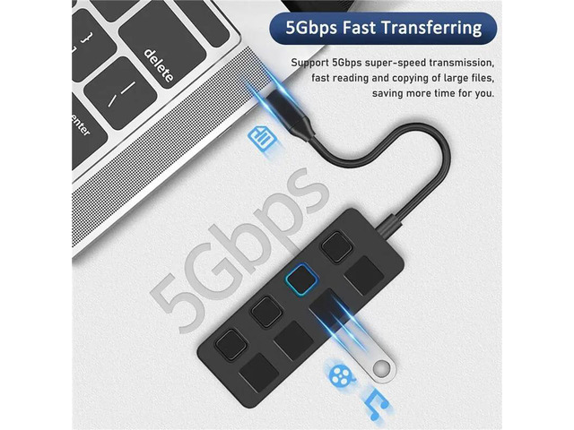 4 Ports USB 3.0 Hub with Individual LED Lit Power Switches USB HUB Adapter Expander Multi USB Splitter for PC