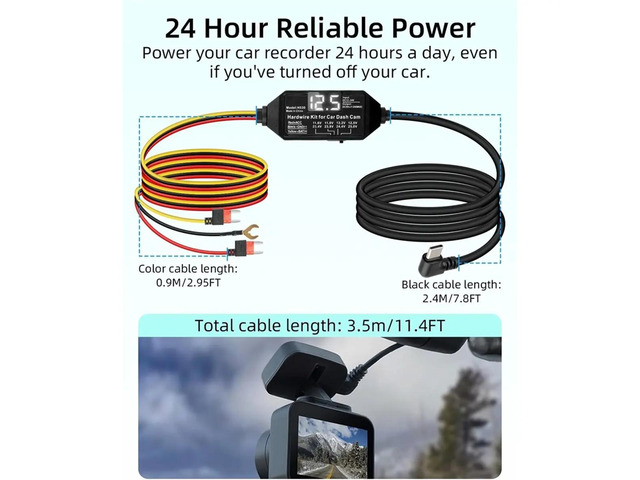 Dash Cam Hardwire Kit,12V-24V to 5V/3A USB C Dash Camera Hardwire Kit with Digital Display and Low Voltage Protection