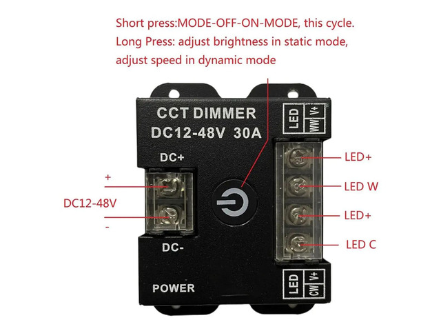 Manual Dual Knob LED Strip Dimmer Switch, Low Voltage 3Wire 2Color Temperature Brightness CCT Tuning Controller