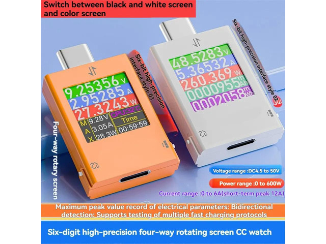 Type-C Tester 4.5-50V Multi-Function Digital Display Voltage Ammeter Power Meter for Cell Phone Charging PD3.2 Tester A