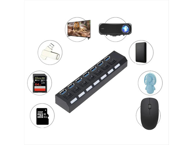 MultiPorts USB HUB 3.0 7Ports SuperSpeed 5Gbps Multiple USB Port Expander with Switches PowerAdapter for PC(US)