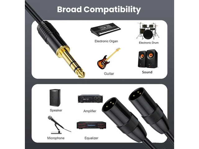 6.35mm TRS Male Plug to 2 Dual XLR Male Microphone Stereo Unbalanced Audio Converter Adapter Y Splitte Cable Cord-C
