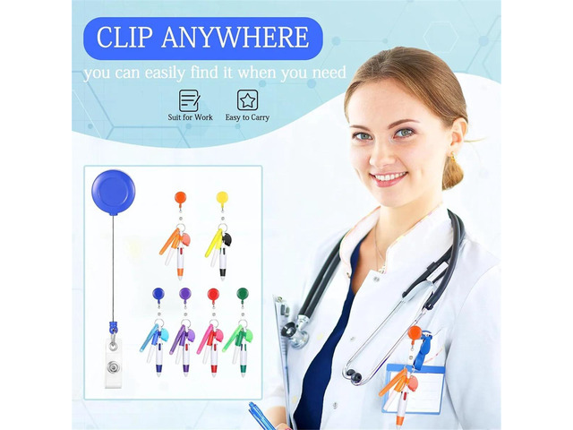 6Pack Badge Reel Pen Retractable Pens Clip with Mini Highlighter Nurse Pens Neon Marker Pen LED Keychain Key Ring