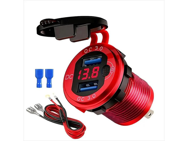Dual USB Car Socket 12V/24V QC 3.0 2 Set With Contact Switch For Boat Motorcycle Truck Golf Cart Red