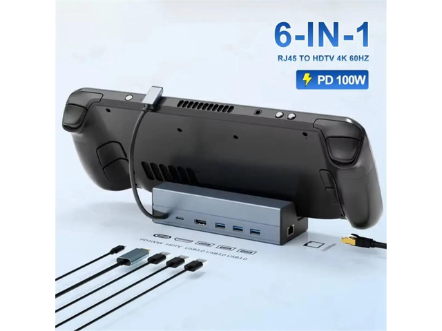 6 in 1 USB C Hub 1000M 4K@60Hz Docking Station for (OLED)/ Ally/Legion Go
