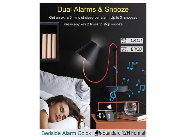 Alarm Clock with Bluetooth Speaker Small Digital Clock for Heavy Sleepers Mirror LED Display