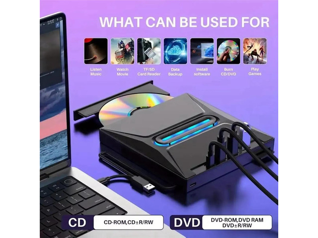 USB 3.0 External CD DVD Drive High-Speed CD/DVD +/-RW Drive with SD Card Reader, CD ROM Burner, and USB-C Conn