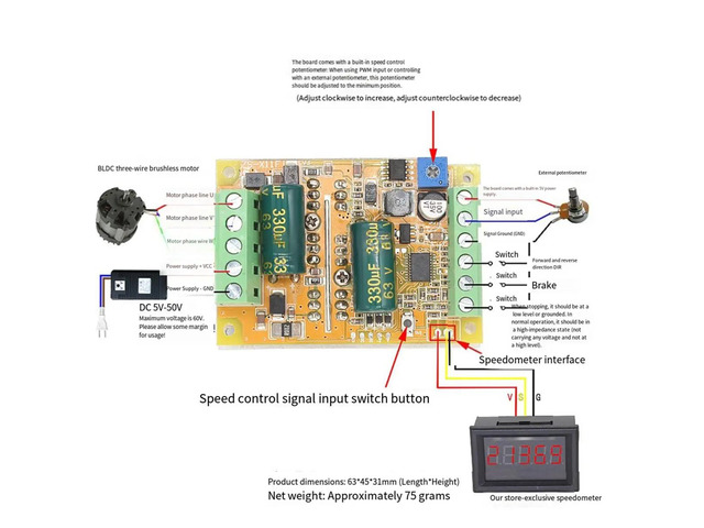 DC Brushless Motor PWM Controller DC 5-50V 12V 24V 48V 300W BLDC Three Phase No Hall Motor Control Driver Board