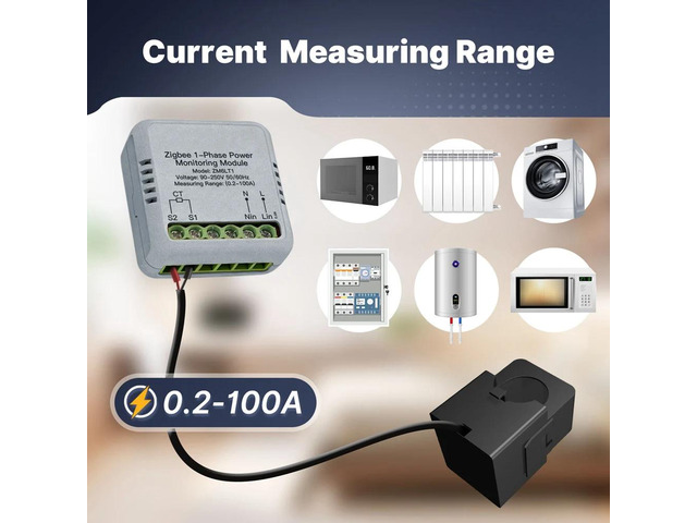 Tuya Zigbee Smart 1-Phase Power Meter 100A Monitoring Module Bidirectional with Current Transformer Sensor Clamp