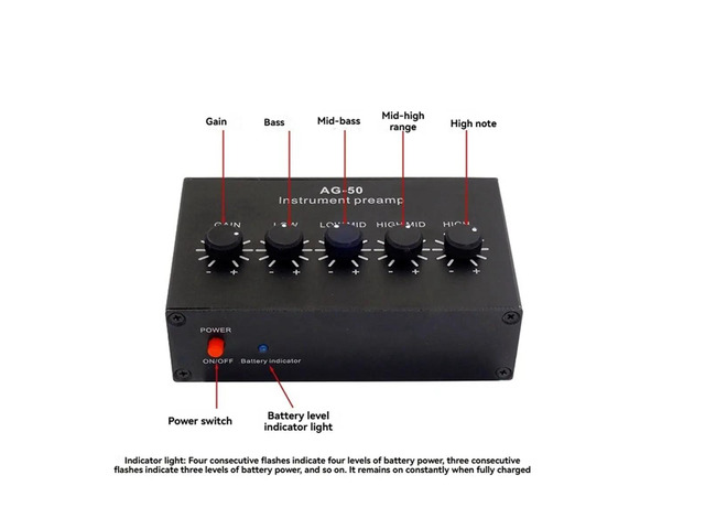 -50 Instrument Pre-Amplifier 4-Band Equalizer 6.35mm TR 3.5mm TRS Rechargeable Pre-Amplifier for Piezoelectric Pickups