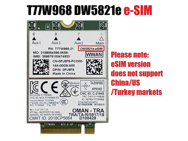 T77W968 DW5821e E-SIM 4G LTE Module CAT16 1Gbps FDD-LTE TDD-LTE E-SIM 4G Card Module Kit 5420 5424 7424 7400