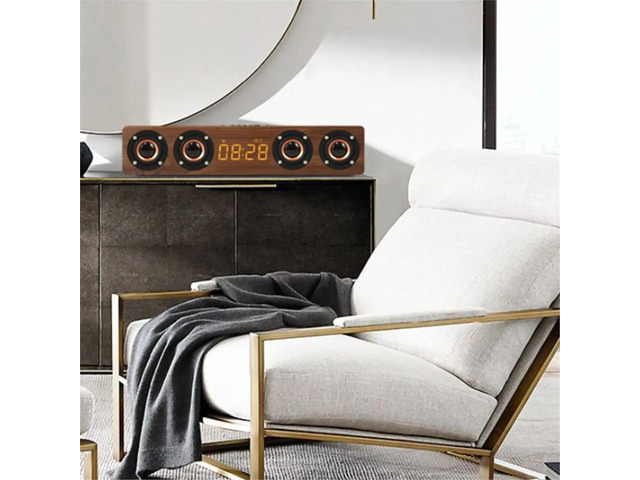 Rechargeable Multi Functional Wooden Clock with Bluetooth Soundbar Speaker and FM Radio for Computer TV Speaker Yellow
