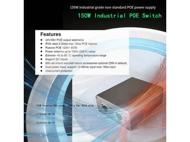 POE Injector/Power Supply for V3/GEN3 Wide Voltage 150W Booster Industrial RJ45 Adapter EC550-SKV3