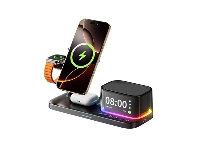 5 In 1 Charging Station With Bluetooth Speaker And Alarm Clock & Night Light, Fast Stand For Smartphone