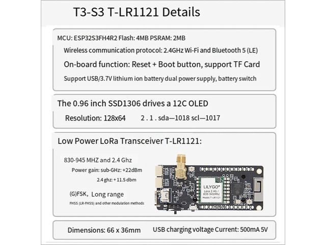 T3S3-LR1121/2.4G V1.2 - LoRa2.4G SX1280 Equipped with 0.96 Inch OLED Development Board Module