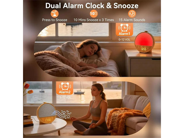Daylight Alarm Clock,Bedside Lamps with 10 10 White Noise Sounds, Table Lamp with RGB Mood Night Light