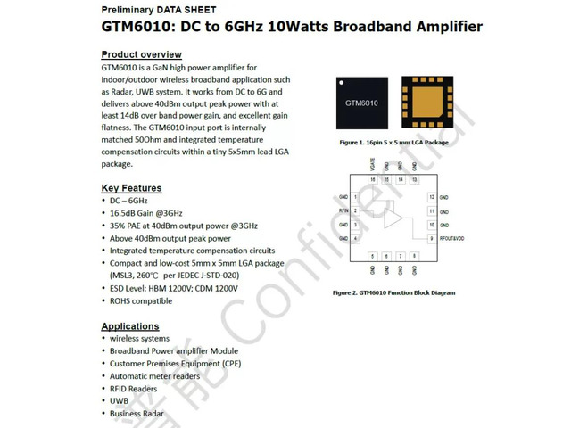 GTM6010 10w 28V DC-6GHz Internally Matched Broadband GaN RF Power Amplifier IC