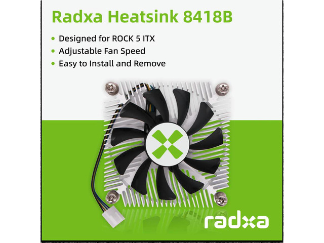 Radxa Heatsink 8418B, Designed for ROCK 5 ITX, Adjustable Fan Speed, Easy to Install and Remove.