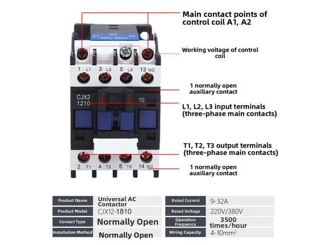 220 Volt AC Contactor CJX2 1210 3 Pole With 1NO Auxiliary Contact 12 Amps Din Rail Mount For Industrial Applications