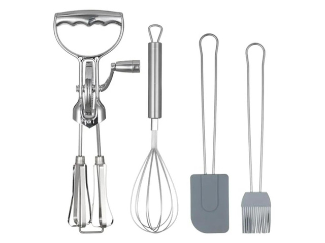 Manual 4in1 Egg Beater Set with Double Head Rotary Mixer Silicone Brush and Spatula Stainless Steel Kitchen Tool