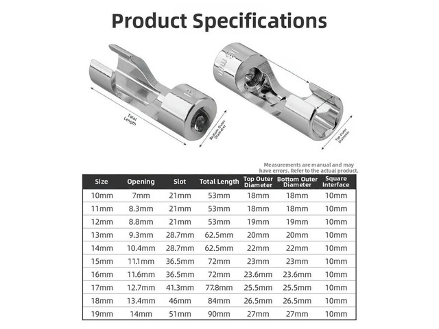 10PCS 3/8 Inch Slotted Oxygen Sensor Socket Wrench Kit for Automotive Use 10mm 11mm 12mm 13mm 14mm 15mm 16mm 17mm 18mm 19mm