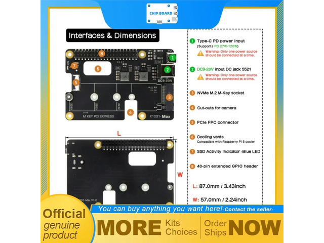 Geekworm X1001-Max PCIe3.0 M.2 NVMe Expansion HAT, 120W PD/DC 9-20V, AI Module Support, Large SSD Compatible