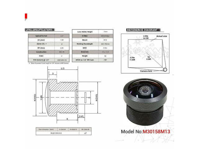 Arducam 1/3' M12 Mount 1.58mm Focal Length Fisheye Lens M30158M13
