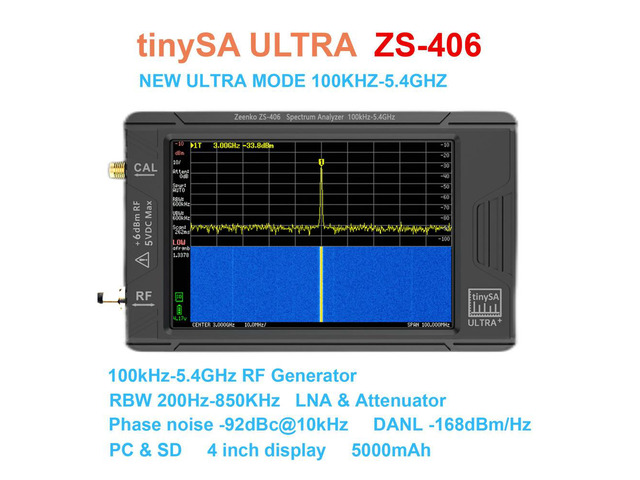 ZS-406 TinySA Ultra Plus Spectrum Analyzer, 4-inch Display RF Analyzer with 5000mAh and 900MHz to 5.4GHz Range