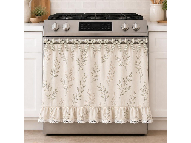 Farmhouse Oven Skirt Curtain for Kitchen Decor, Cotton Blend Oven Curtain with Lace Ruffle Trim & 8 Ribbon Ties, Rustic Kitchen Stove Door Covers...