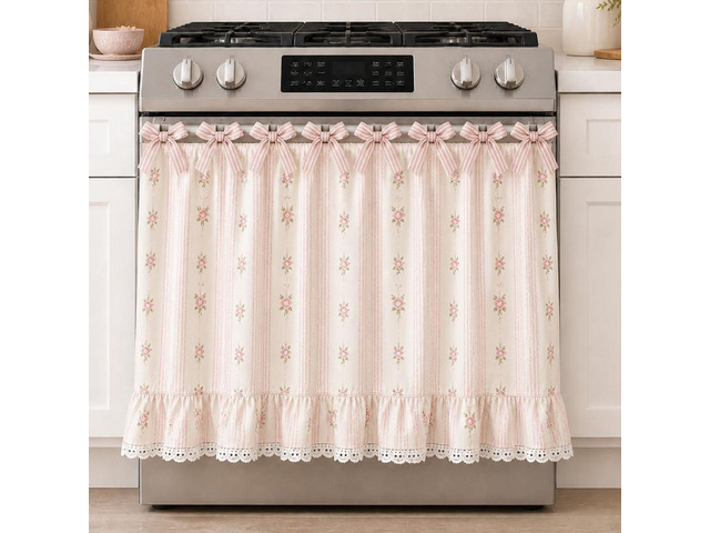 Farmhouse Oven Skirt Curtain for Kitchen Decor, Cotton Blend Oven Curtain with Lace Ruffle Trim & 8 Ribbon Ties, Rustic Kitchen Stove Door Covers...