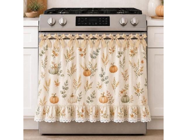 Farmhouse Oven Skirt Curtain for Kitchen Decor, Cotton Blend Oven Curtain with Lace Ruffle Trim & 8 Ribbon Ties, Rustic Kitchen Stove Door Covers...