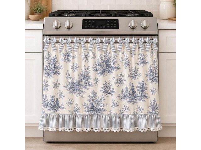 Farmhouse Oven Skirt Curtain for Kitchen Decor, Cotton Blend Oven Curtain with Lace Ruffle Trim & 8 Ribbon Ties, Rustic Kitchen Stove Door Covers...