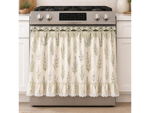 Farmhouse Oven Skirt Curtain for Kitchen Decor, Cotton Blend Oven Curtain with Lace Ruffle Trim & 8 Ribbon Ties, Rustic Kitchen Stove Door Covers...