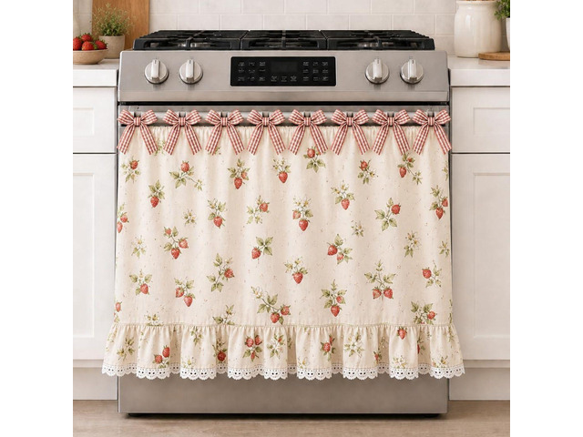 Farmhouse Oven Skirt Curtain for Kitchen Decor, Cotton Blend Oven Curtain with Lace Ruffle Trim & 8 Ribbon Ties, Rustic Kitchen Stove Door Covers...