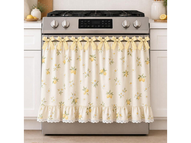 Farmhouse Oven Skirt Curtain for Kitchen Decor, Cotton Blend Oven Curtain with Lace Ruffle Trim & 8 Ribbon Ties, Rustic Kitchen Stove Door Covers...