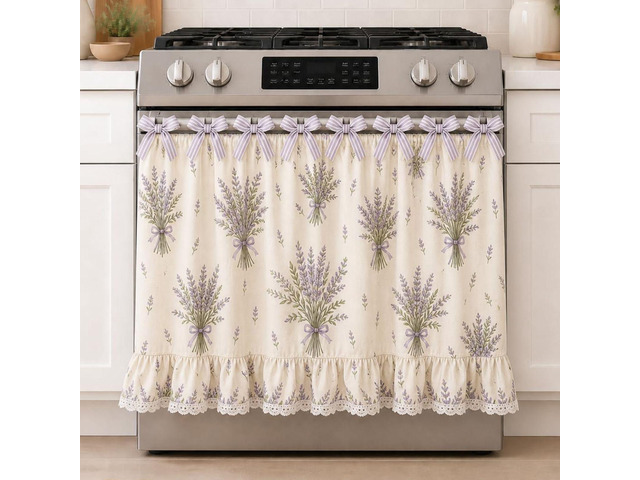 Farmhouse Oven Skirt Curtain for Kitchen Decor, Cotton Blend Oven Curtain with Lace Ruffle Trim & 8 Ribbon Ties, Rustic Kitchen Stove Door Covers...