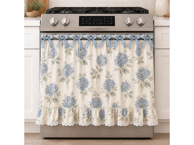 Farmhouse Oven Skirt Curtain for Kitchen Decor, Cotton Blend Oven Curtain with Lace Ruffle Trim & 8 Ribbon Ties, Rustic Kitchen Stove Door Covers...