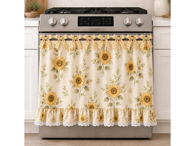 Farmhouse Oven Skirt Curtain for Kitchen Decor, Cotton Blend Oven Curtain with Lace Ruffle Trim & 8 Ribbon Ties, Rustic Kitchen Stove Door Covers...