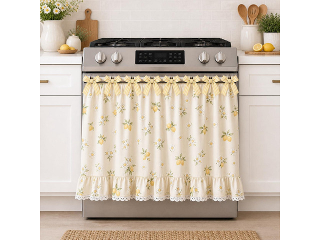 Farmhouse Stove Skirt Oven Curtain for Kitchen Decor, Cotton Blend Stove Curtain with Lace Ruffle Trim & 9 Ribbon Ties, Oven Curtain Cover & Oven...