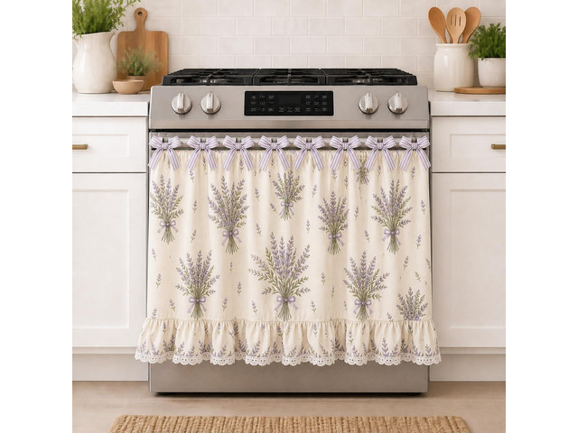 Farmhouse Stove Skirt Oven Curtain for Kitchen Decor, Cotton Blend Stove Curtain with Lace Ruffle Trim & 9 Ribbon Ties, Oven Curtain Cover & Oven...