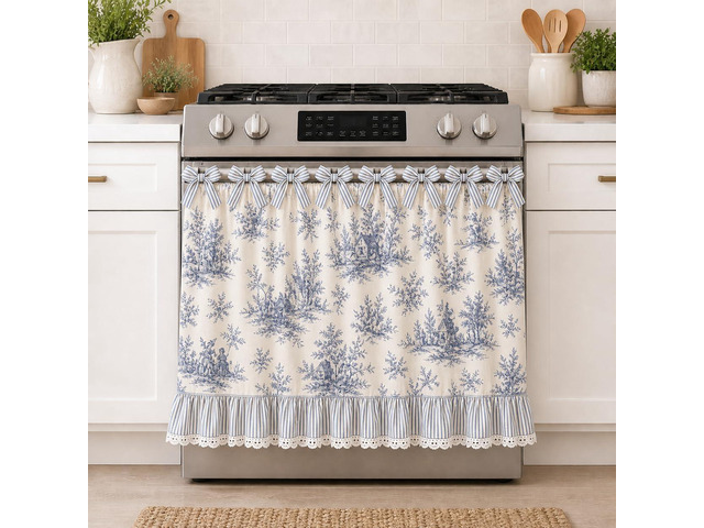 Farmhouse Stove Skirt Oven Curtain for Kitchen Decor, Cotton Blend Stove Curtain with Lace Ruffle Trim & 9 Ribbon Ties, Oven Curtain Cover & Oven...