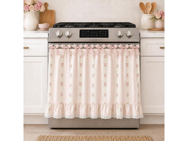 Farmhouse Stove Skirt Oven Curtain for Kitchen Decor, Cotton Blend Stove Curtain with Lace Ruffle Trim & 9 Ribbon Ties, Oven Curtain Cover & Oven...