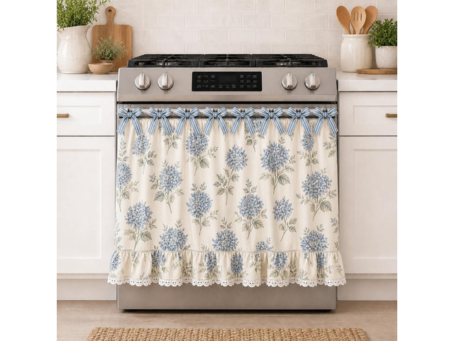 Farmhouse Stove Skirt Oven Curtain for Kitchen Decor, Cotton Blend Stove Curtain with Lace Ruffle Trim & 9 Ribbon Ties, Oven Curtain Cover & Oven...