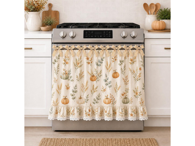 Farmhouse Stove Skirt Oven Curtain for Kitchen Decor, Cotton Blend Stove Curtain with Lace Ruffle Trim & 9 Ribbon Ties, Oven Curtain Cover & Oven...