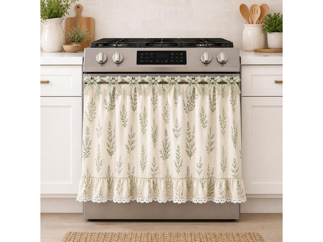 Farmhouse Stove Skirt Oven Curtain for Kitchen Decor, Cotton Blend Stove Curtain with Lace Ruffle Trim & 9 Ribbon Ties, Oven Curtain Cover & Oven...
