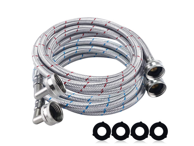 6FT Premium Stainless Steel Washing Machine Hoses with 90 Degree Elbow No-lead Burst-Proof 3/4' FHT Standard Thread Washer Hoses Hot & Cold Water...