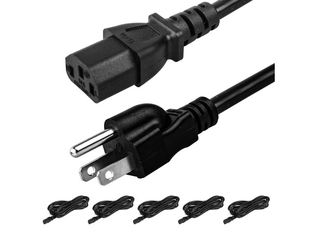 5 Pack 3-Prong Replacement Computer Power Cord 10FT AC Power Cord Cable for Electronics, TV, Computer, Printer, Radio, Monitor, Samsung, Dell,...