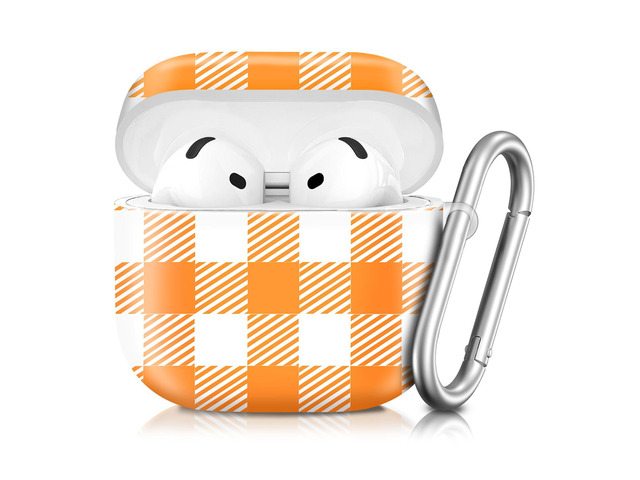 Compatible with AirPod 4th Generation 2024 Case, Shockproof Anti-Drop Protective Cover, Cute Case for Women Men with Keychain(Orange Checkered...